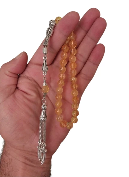 Dogal Taş Sitrin Tesbih,Gümüş Kaplama 4lü Zülfikar Model Metal Püskül Tespih - 2