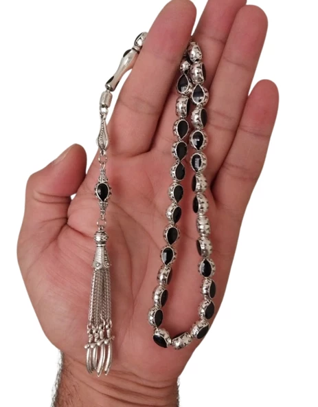 Gümüş Kaplama Mine Işleme Tesbih,Metal Zülfikar Model Püsküllü Tespih. - 2