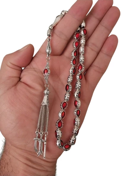 Gümüş Kaplama Mine Işleme Tesbih,Damla Model Metal Zülfikar Püskül Tespih. - 2