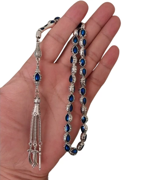 Gümüş Kaplama Mine Işleme Tesbih,Metal Zülfikar Model Püsküllü Tespih. - 2