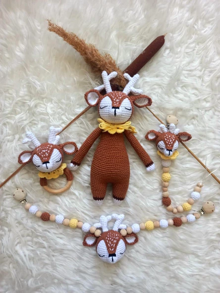 Geyik Bambi Yeni Doğan Seti Amigurumi Organik Oyuncak