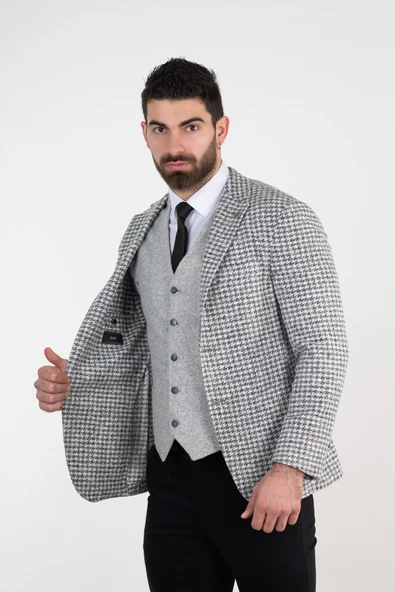 SİR DESENLİ KIŞLIK SLİMFİT ERKEK TEK CEKET - 5