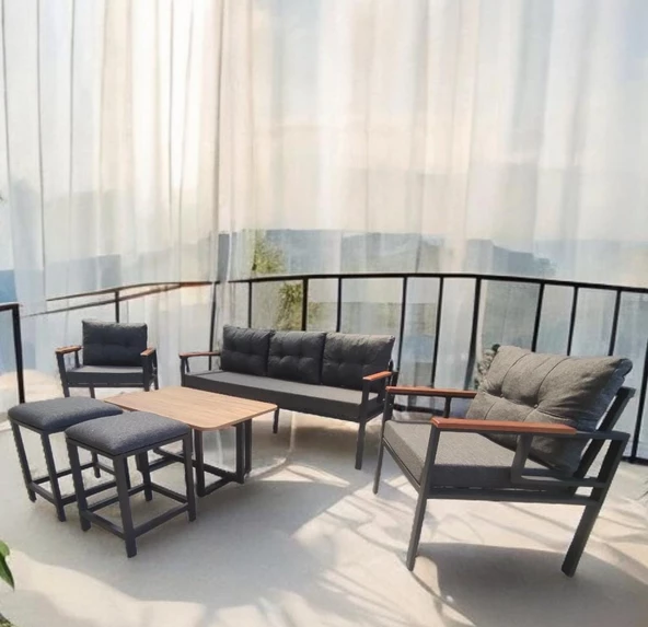 Pimango Pielize Bahçe Ve Balkon Mobilyası 3+1+1 Sehpalı ve Antrasit 2 Puflu - 2