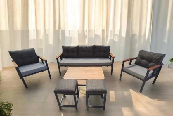 Pimango Pielize Bahçe Ve Balkon Mobilyası Gri Antrasit 3+1+1 Sehpalı ve 2 Puflu - 2