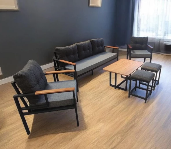 Pimango Pielize Bahçe Ve Balkon Mobilyası Gri Antrasit 3+1+1 Sehpalı ve 2 Puflu