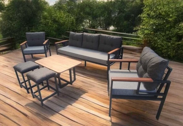 Pimango Pielize Bahçe Ve Balkon Mobilyası Gri Antrasit 3+1+1 Sehpalı ve 2 Puflu - 3