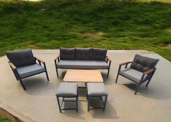 Pimango Pielize Bahçe Ve Balkon Mobilyası Gri Antrasit 3+1+1 Sehpalı ve Gri  2 Puflu - 2