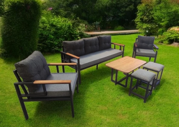 Pimango Pielize Bahçe Ve Balkon Mobilyası Gri Antrasit 3+1+1 Sehpalı ve Gri  2 Puflu