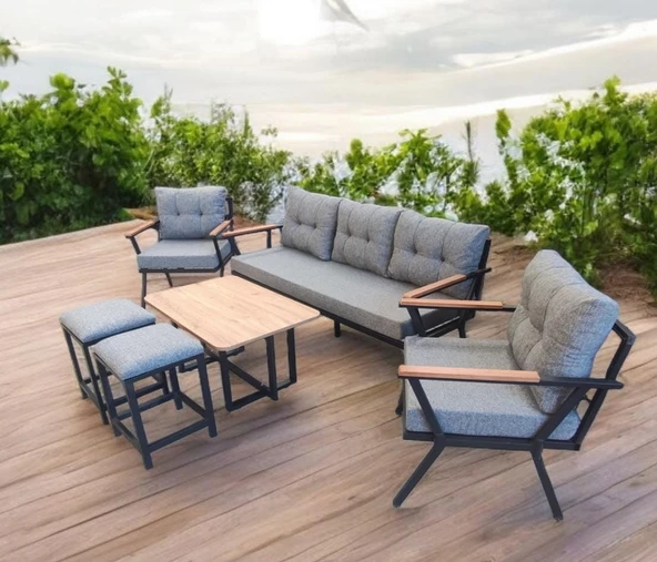 Pimango Pi Locca Bahçe Ve Balkon Mobilyası Gri 3+1+1 Sehpalı Gri 2 Puflu