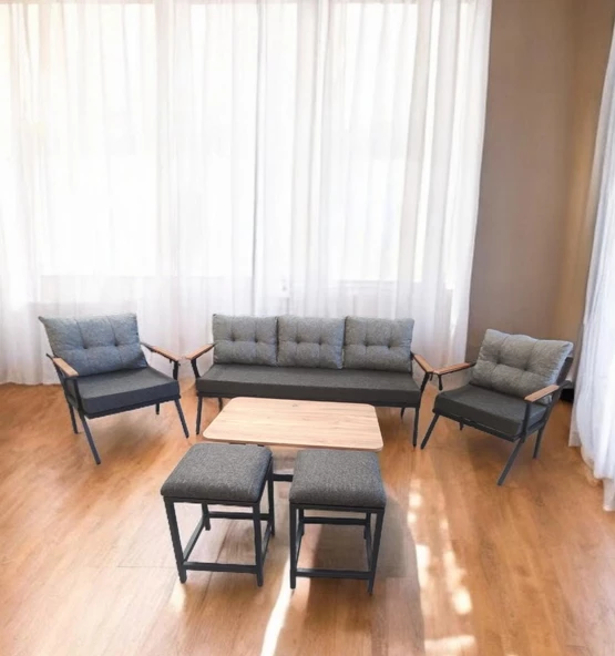 Pimango Pilocca Bahçe Ve Balkon Mobilyası Antrasit Gri 3+1+1 Sehpalı ve  2 Puflu - 3
