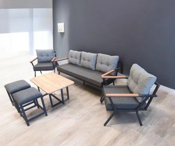 Pimango Pilocca Bahçe Ve Balkon Mobilyası Antrasit Gri 3+1+1 Sehpalı ve  2 Puflu - 2
