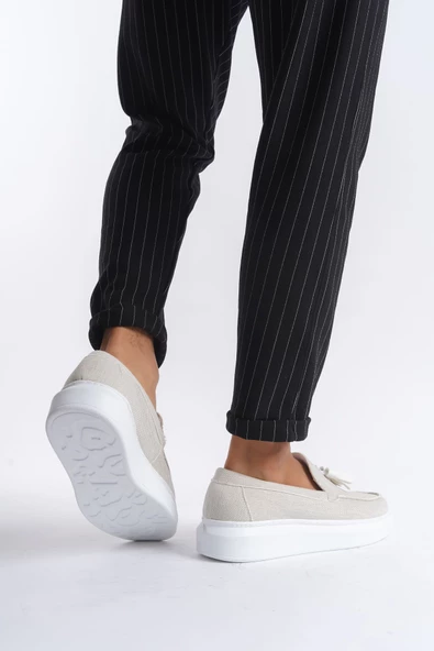 Anua Beyaz Blaze Bağcıksız Püsküllü Keten Erkek Günlük Spor Klasik Ayakkabı BT - 3