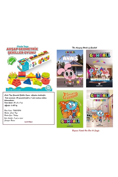 Circle Toys Ahşap Geometrik Şekiller Oyunu ve The Amazing World of Gumball Carton Network 4 Adet Boyama Kitabı