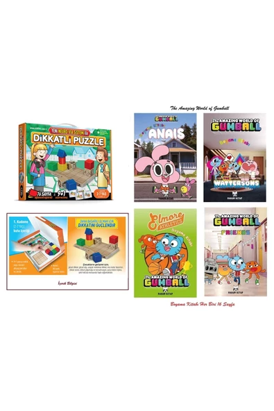 Adeda Yayıncılık 2-7 Yaş 1.Kademe İlk Adım Dikkatli Puzzle ve The Amazing World of Gumball 4 Adet 16 Sy Boyama Kitabı