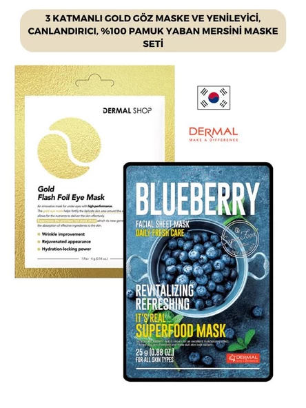 3 Katmanlı Gold Göz Maske ve Yenileyici, Canlandırıcı, %100 Pamuk Yaban Mersini Maske Seti