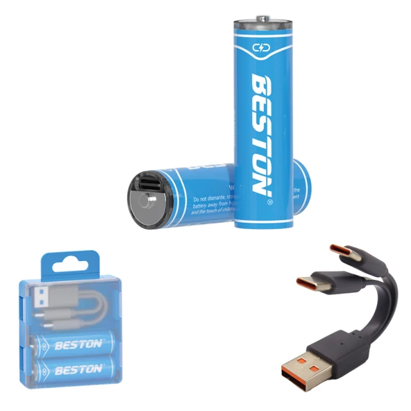 Beston USB Type-C Kablo ile Şarj Edilebilir Lityum 2'li Kalem Pil 1.5V AA / 2220 mWH 500mAH