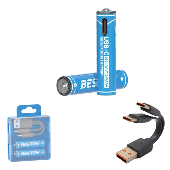 Beston USB Type-C Kablo ile Şarj Edilebilir Lityum 2'li İnce Pil 1.5V AAA / 2220 mWH 150mAH