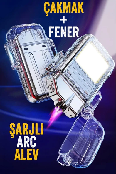 Şarjlı Ark Alevli 800 Lümen Güçlü Çakmaklı Kamp Feneri Işığı Anahtarlık Taşınabilir Type-C 6888 - 7