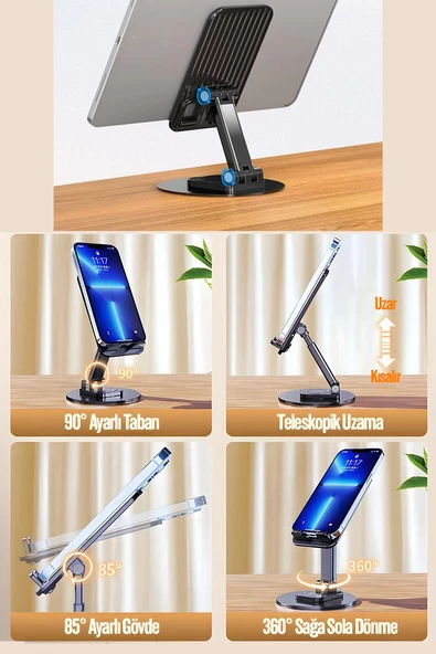 Kaliteli Katlanabilir 360 Dönen Ayarlı Telefon Tutucu Masaüstü Telefon Tablet Standı S014 - 6