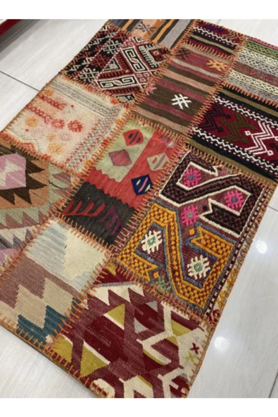 El Dokuma Patchwork 80x120 Küçük Ölçü %100 Yün Halı ! - Resim 2