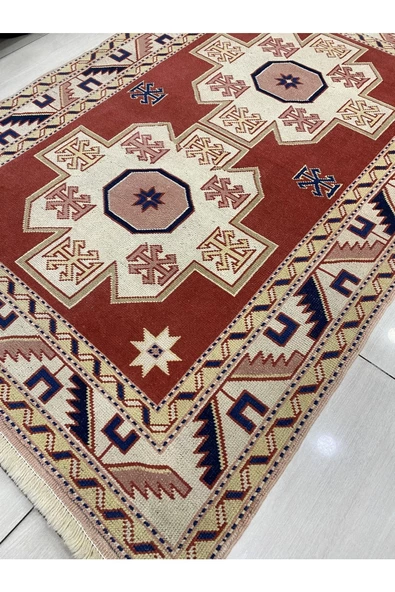 El Dokuma Milas Halısı 130x180 Kiremit Krem %100 Yün Kök Boya - Resim 2