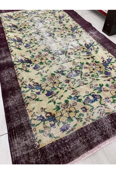 El Dokuma Eskitme 110x210 Mor Krem %100 Yün Vintage Halı ! - Resim 4