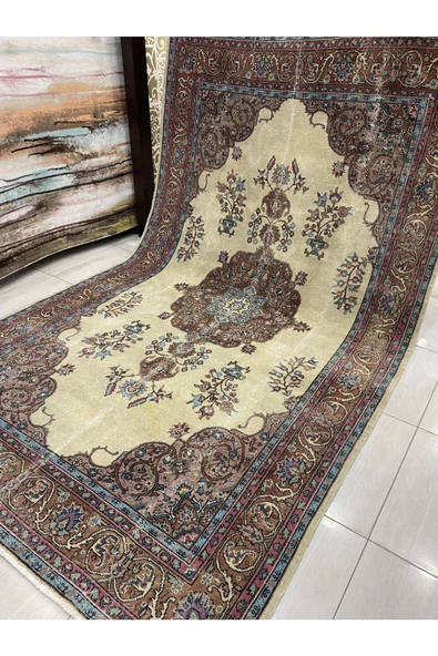 El Dokuma Isparta Halısı 200x330 Krem Turkuaz 6 M2 Yün Halı ! - 8