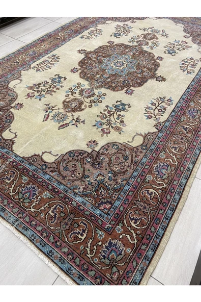 El Dokuma Isparta Halısı 200x330 Krem Turkuaz 6 M2 Yün Halı ! - 5