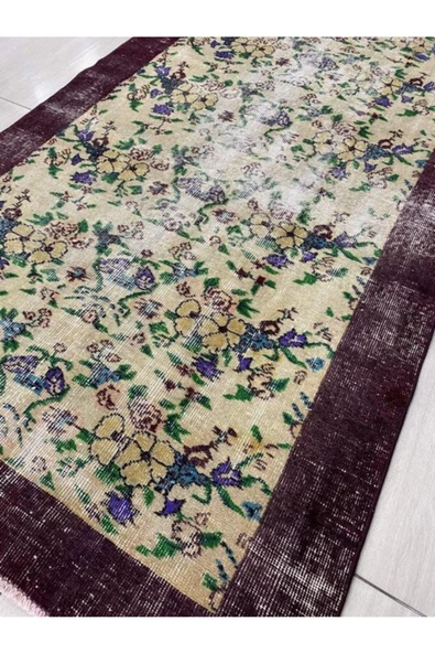 El Dokuma Eskitme 110x210 Mor Krem %100 Yün Vintage Halı ! - Resim 5