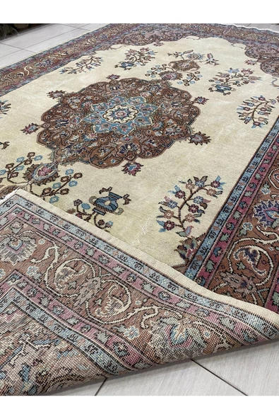 El Dokuma Isparta Halısı 200x330 Krem Turkuaz 6 M2 Yün Halı ! - 6