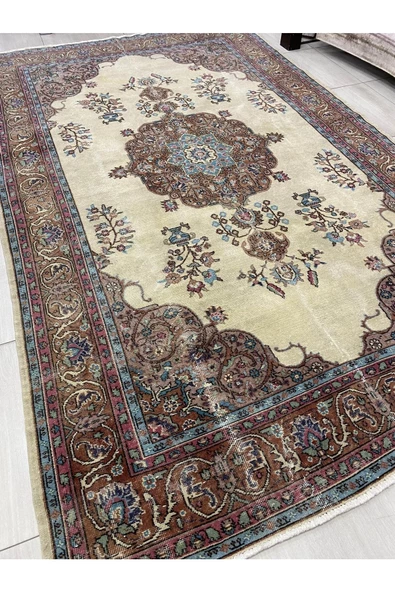 El Dokuma Isparta Halısı 200x330 Krem Turkuaz 6 M2 Yün Halı ! - 4