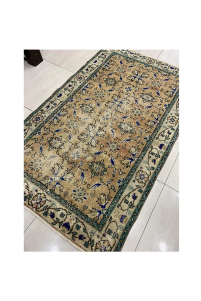 El Dokuma Eskitme 115x187 Kahve Mavi %100 Yün Vintage Halı ! - Resim 2