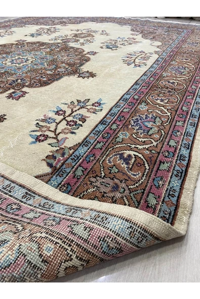 El Dokuma Isparta Halısı 200x330 Krem Turkuaz 6 M2 Yün Halı ! - 7