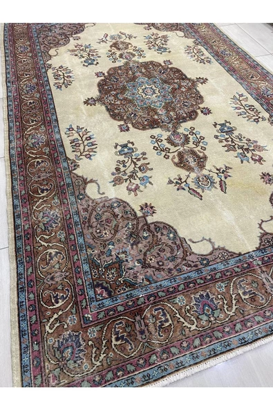 El Dokuma Isparta Halısı 200x330 Krem Turkuaz 6 M2 Yün Halı ! - 2