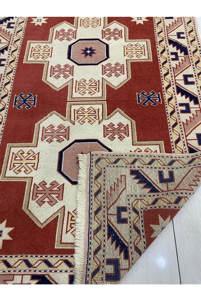 El Dokuma Milas Halısı 130x180 Kiremit Krem %100 Yün Kök Boya - Resim 4