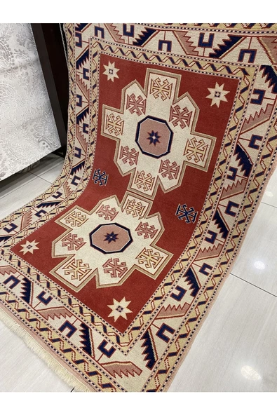 El Dokuma Milas Halısı 130x180 Kiremit Krem %100 Yün Kök Boya - Resim 6