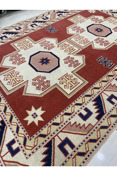 El Dokuma Milas Halısı 130x180 Kiremit Krem %100 Yün Kök Boya - Resim 3