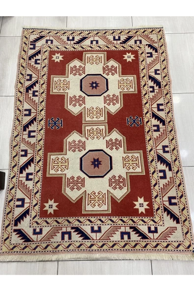 El Dokuma Milas Halısı 130x180 Kiremit Krem %100 Yün Kök Boya ürün görseli