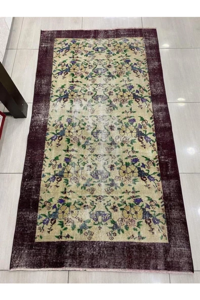 El Dokuma Eskitme 110x210 Mor Krem %100 Yün Vintage Halı ! ürün görseli