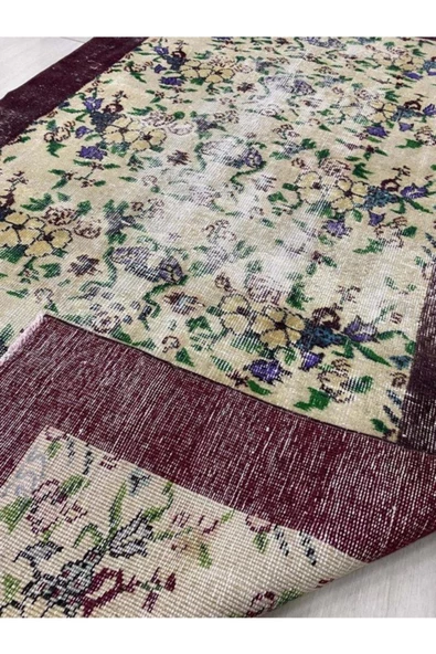 El Dokuma Eskitme 110x210 Mor Krem %100 Yün Vintage Halı ! - Resim 6