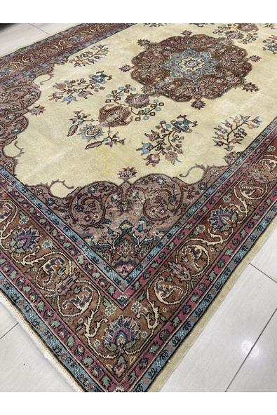 El Dokuma Isparta Halısı 200x330 Krem Turkuaz 6 M2 Yün Halı ! - 3