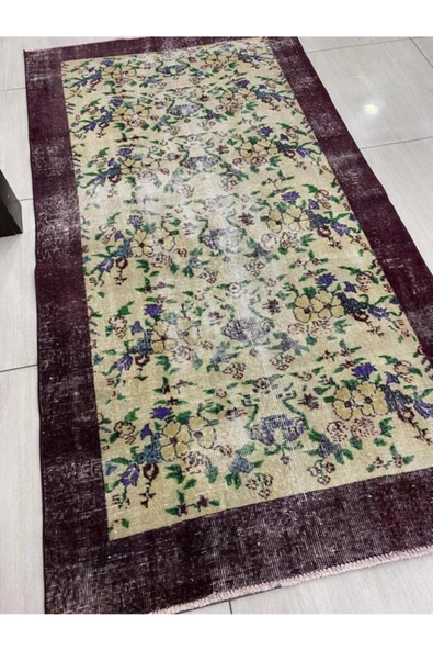 El Dokuma Eskitme 110x210 Mor Krem %100 Yün Vintage Halı ! - Resim 2