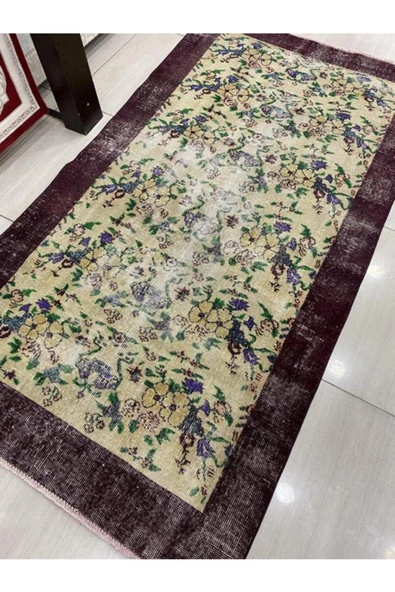 El Dokuma Eskitme 110x210 Mor Krem %100 Yün Vintage Halı ! - Resim 3