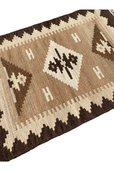 El Dokuma Dekoratif Kilim 64x90 Kahve Krem %100 Yün Kök Boya Kilim - Resim 3