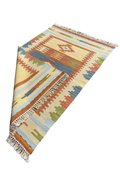 El Dokuması Dekoratif %100 Yün Kilim 80x125 Krem Turkuaz Kilim - Resim 8