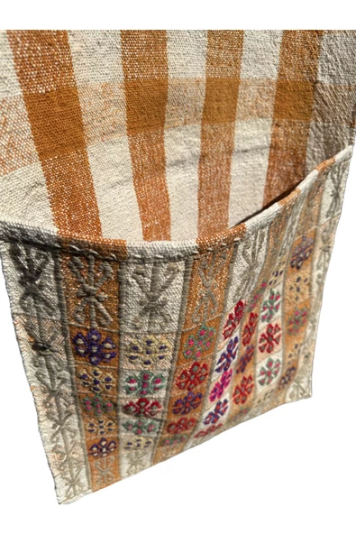 EL DOKUMA ANTİKA HEYBE 58X157 TURUNCU BEYAZ DEKORATİF AT HEYBESİ - Resim 8