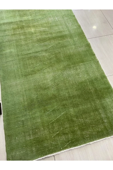 El Dokuma Düz Yeşil Eskitme Halı 120x223 Fıstık Yeşili Yün Halı - 2