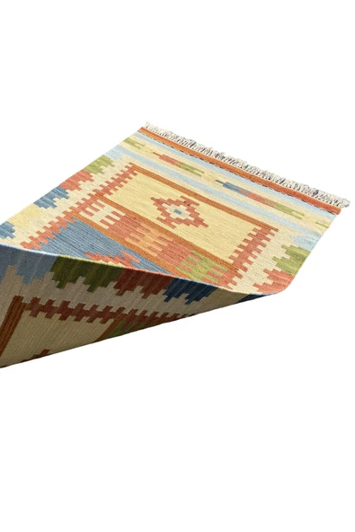 El Dokuması Dekoratif %100 Yün Kilim 80x125 Krem Turkuaz Kilim - Resim 3