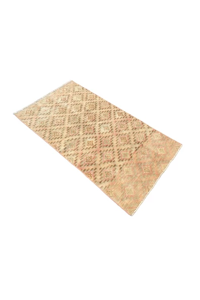 EL DOKUMA ESKİTME KÜÇÜK HALI 70X130 KREM PEMBE %100 YÜN HALI - Resim 4