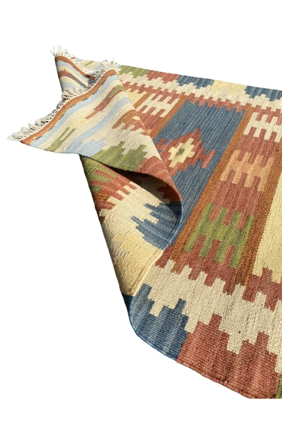 El Dokuması Dekoratif %100 Yün Kilim 80x125 Krem Turkuaz Kilim - Resim 7
